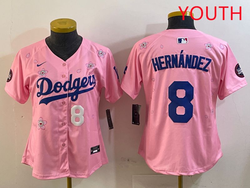 Youth Los Angeles Dodgers #8 Hernandez Pink Sakura Edition 2025 Nike MLB Jersey style 6->youth mlb jersey->Youth Jersey